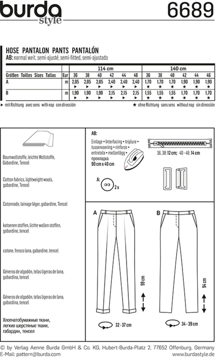 Patron de pantalon - Burda 6689