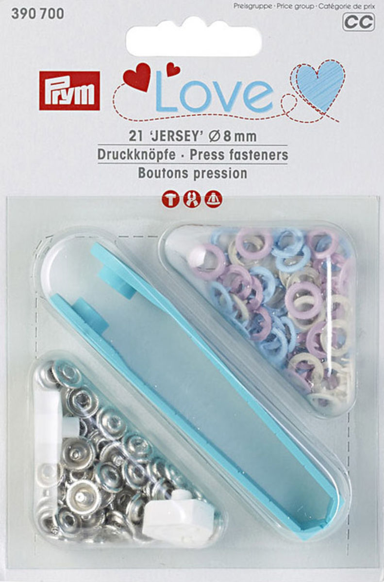 Boite de 21 boutons pression jersey rose, bleu et écru avec outil 8 mm