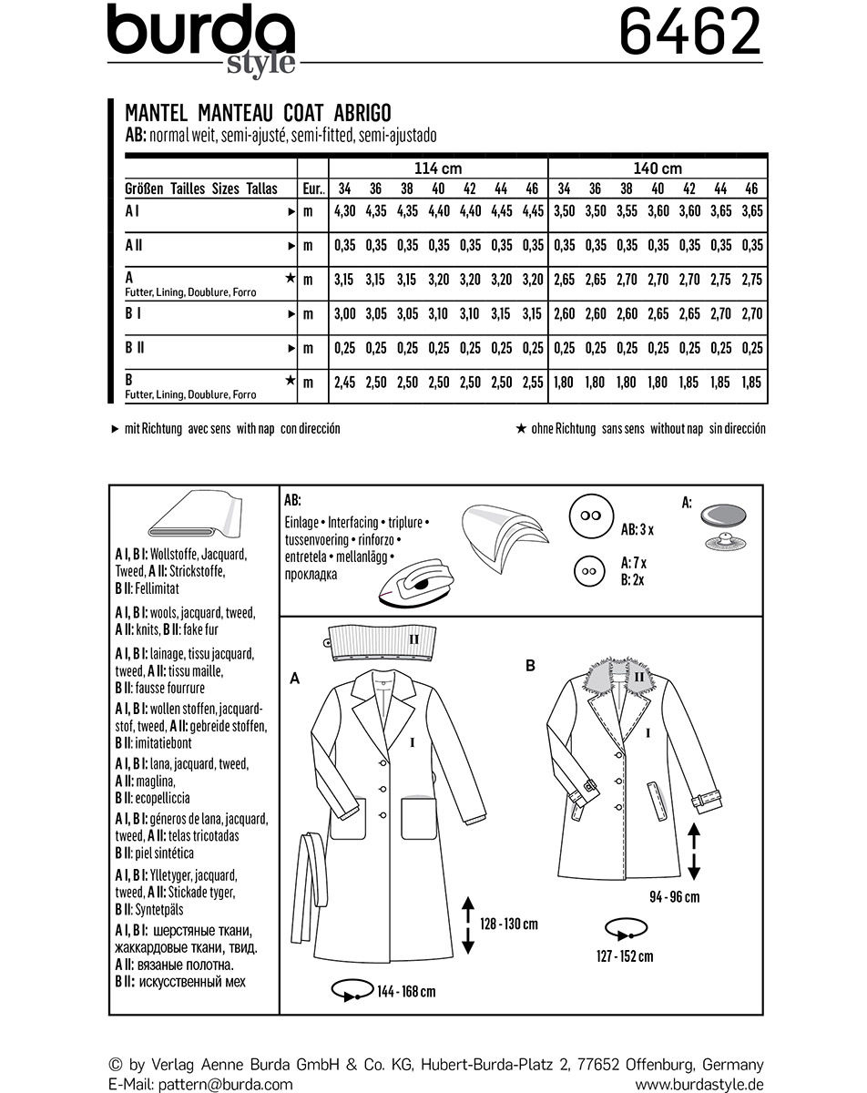 Patron de manteau - Burda 6462